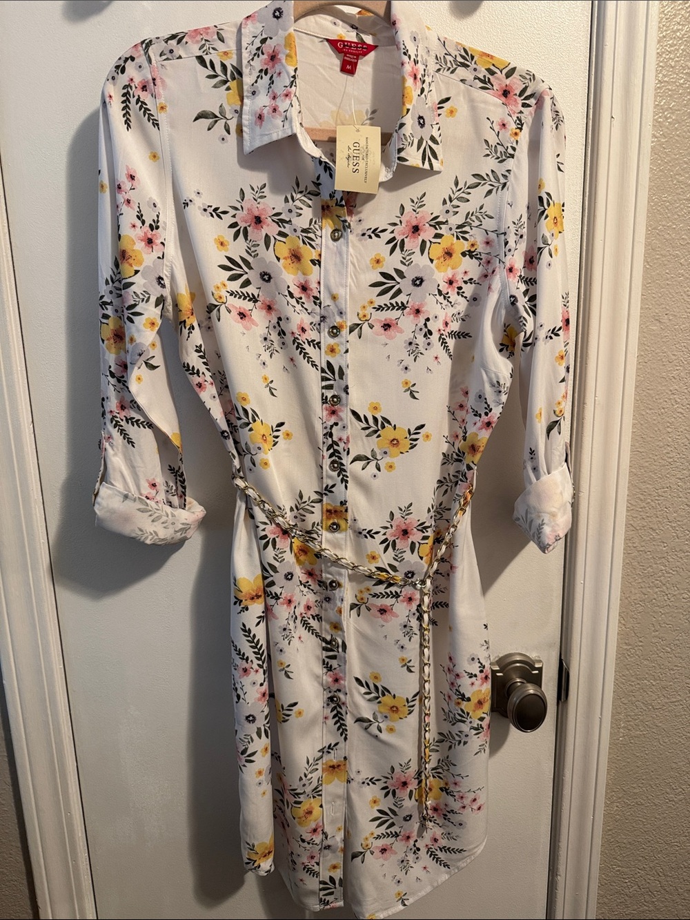 Guess Floral Button-Front Midi Dress in White with Yellow & Pink Flowers